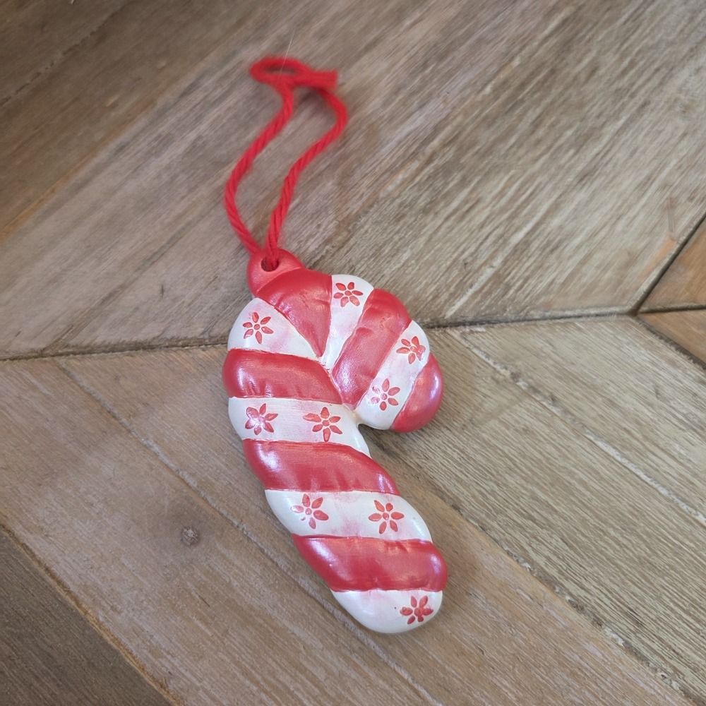 Candy‎ Cane Christmas Tree Ornament Ceramic Handpainted 4" x 2" Vintage Holiday